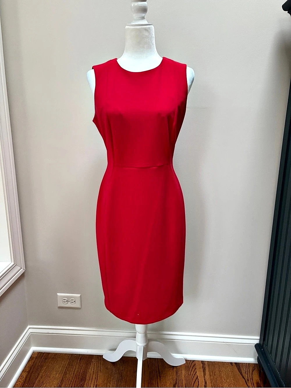Calvin Klein Red Sleeveless Sheath Dress with Exposed Gold Back Zipper